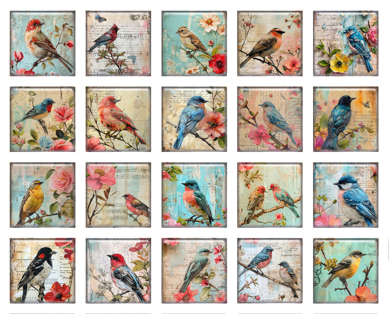 Old Fashioned Glass - Random Mixed Round/Oval/Square Vintage Bird Flower